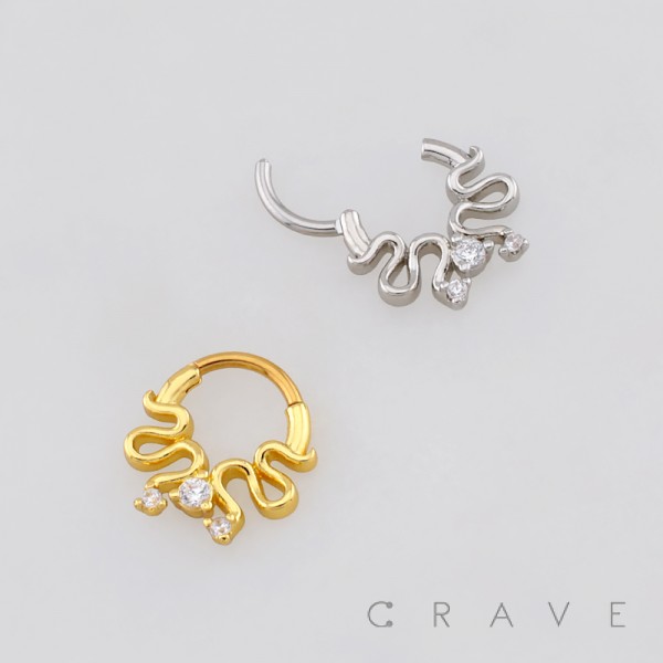 CURVING TWIN SNAKE CZ BEZEL SEPTUM CLICKER RING 316L SURGICAL STEEL
